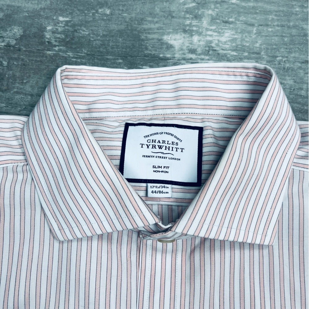 Charles Tyrwhitt Pink, White & Navy Stripe Slim Dress Shirt 17.5-34 - Picture 2 of 3